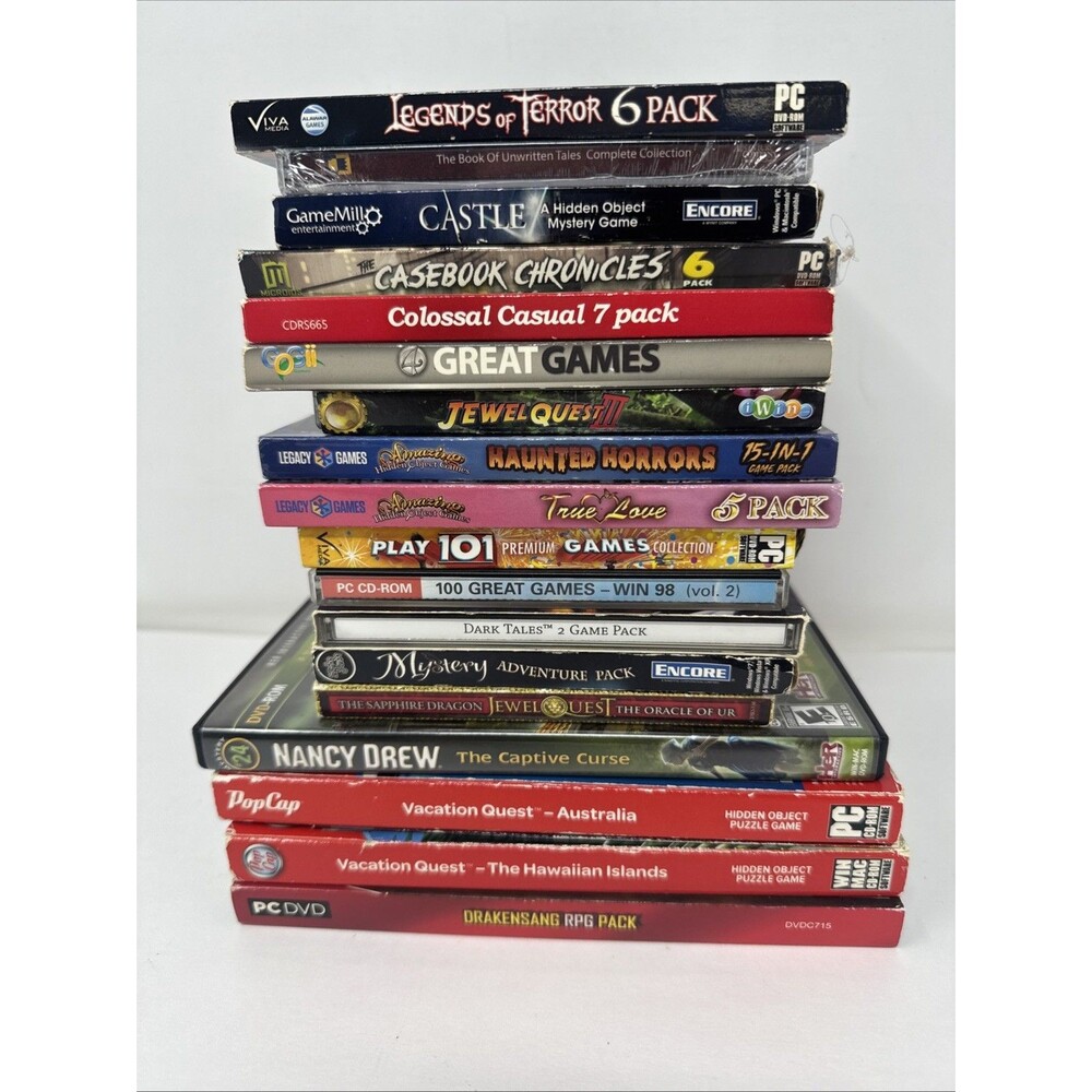 Vintage PC CD ROM Video Games Lot 18 Unique Games Hidden Object Vacation Quest